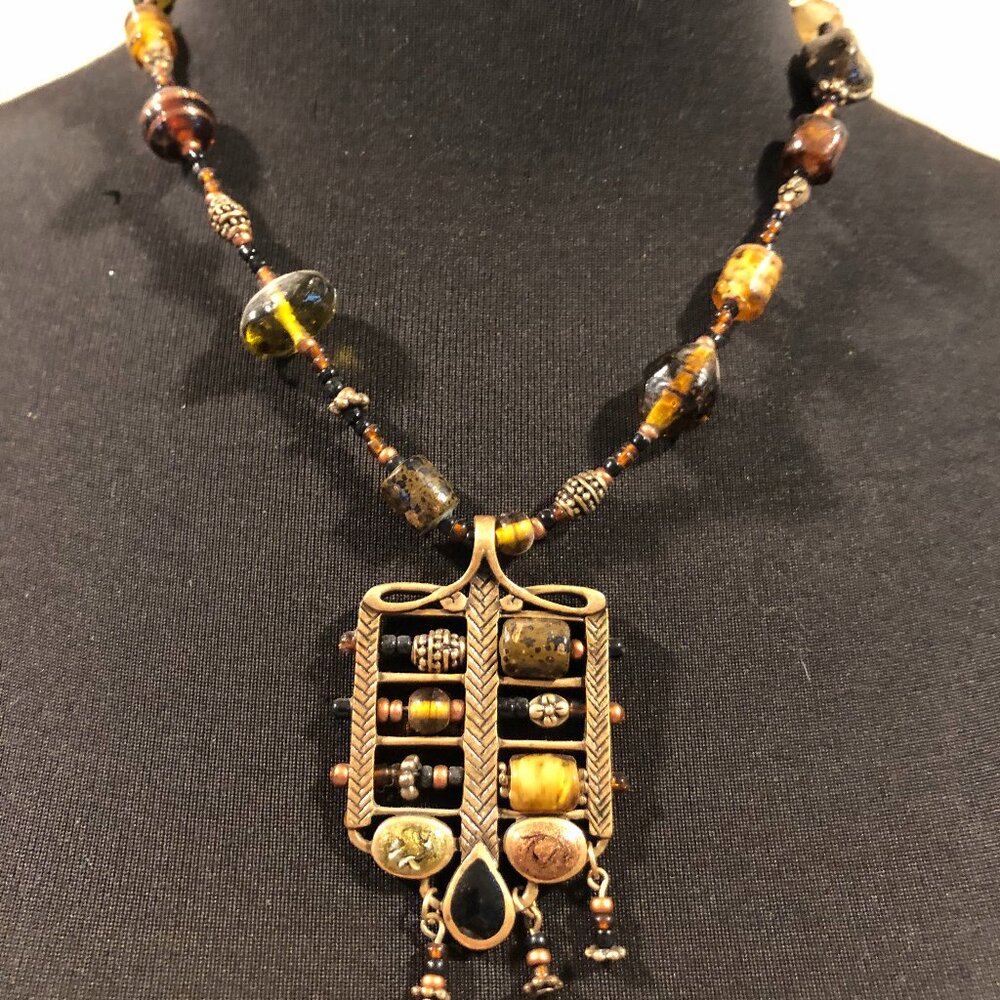 Chico’s Black Brown Multi Glass Bead Metal Pendant Tribal Necklace Choker